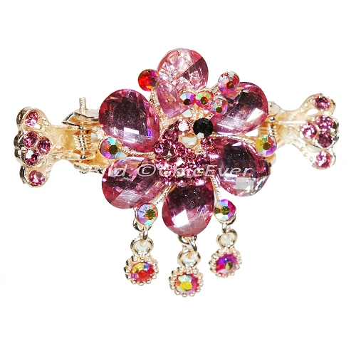 Haargreifer Blume&Pfau Haarspange Haarkneifer Haarklammer Metall & Strass rosa gold 4961a - zum Schließen ins Bild klicken